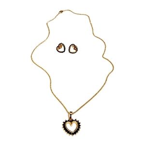 Heart Shaped Black Faceted Stone Pendant Necklace w/ Earrings Set